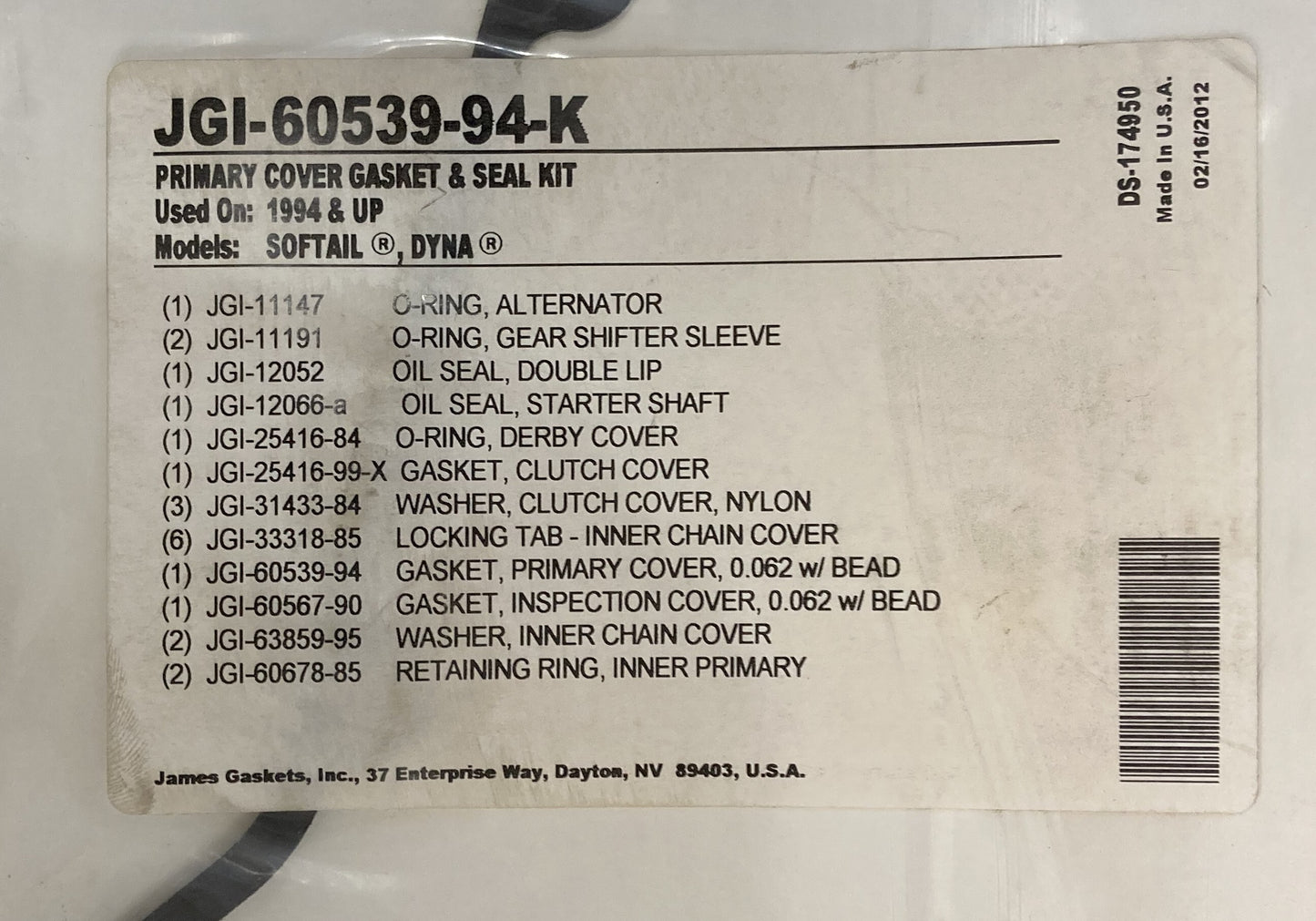New Genuine James Gasket JGI-60539-94-K Primary Cover Gasket Only
