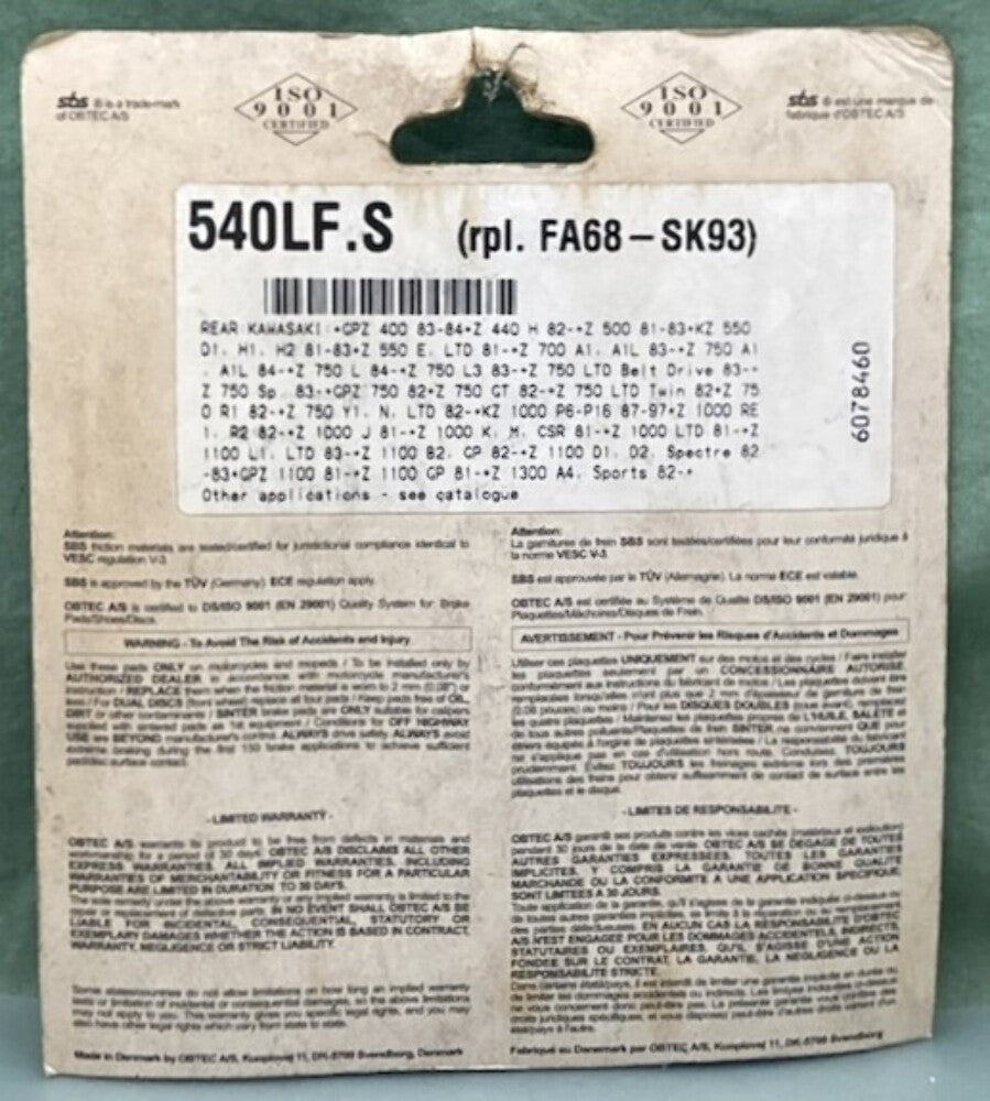 SBS 540LF Rear Ceramic Street Brake Pad Set New Genuine