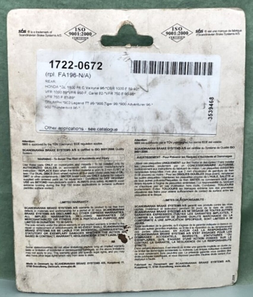 SBS 630LS Rear Sinter Street Brake Pad Set New Genuine