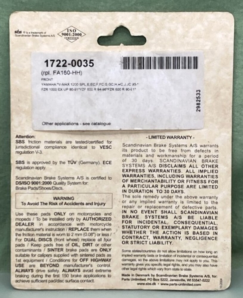 SBS 645HS Sinter Street Excel Brake Pad Set New Genuine