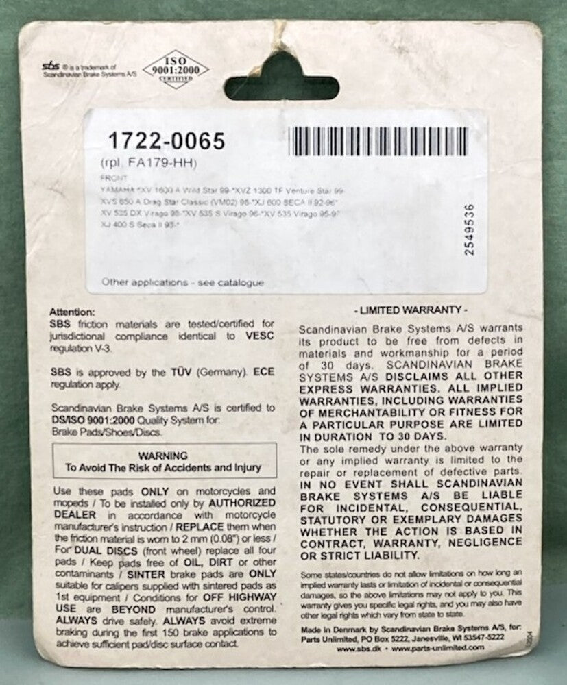 SBS 663HS Sinter Street Excel Brake Pad Set New Genuine