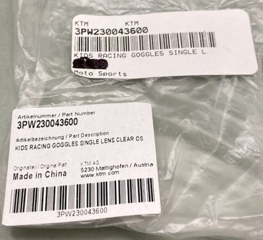 KTM 3PW230043600 Kids Racing Goggles Single Lens Clear Os New Genuine