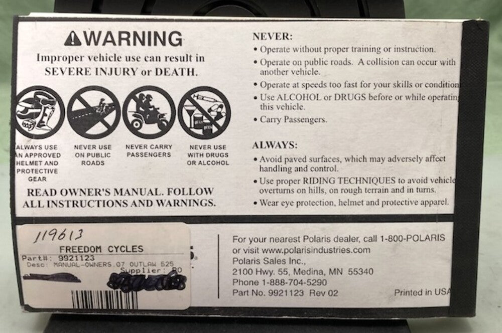 Polaris 9921123 525 Outlaw Owner's Manual 2007 Genuine