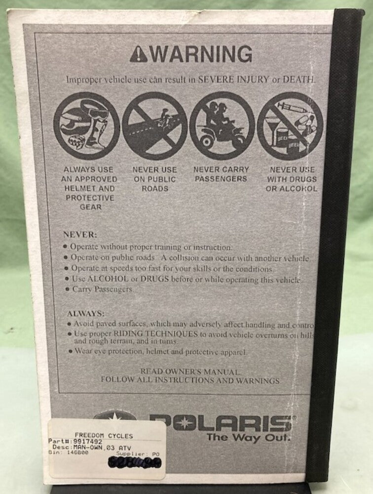 Polaris 9917492 ATV Owner's Manual 2003 Genuine