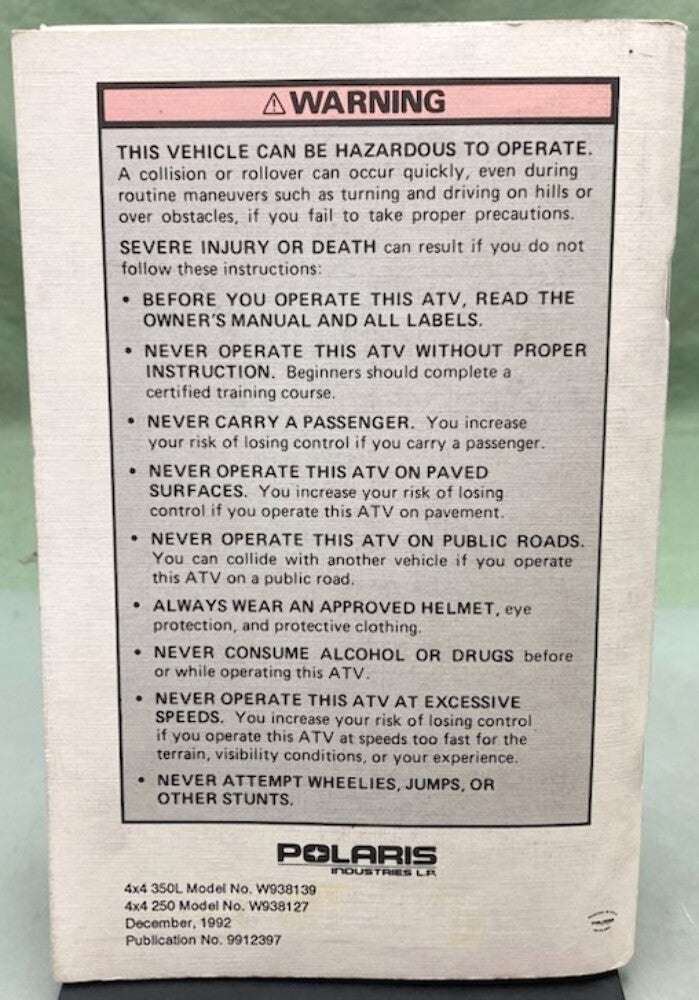 Polaris 9912397 4x4 250 4x4 350L Owner's Manual 1993 Genuine