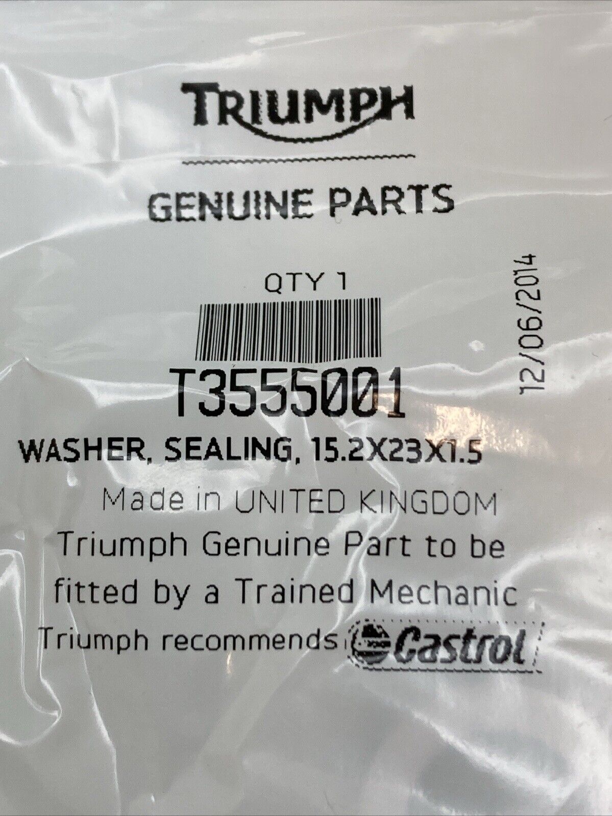 NEW GENUINE TRIUMPH T3555001 Washer, Sealing, 15.2 x 23 x 1.5