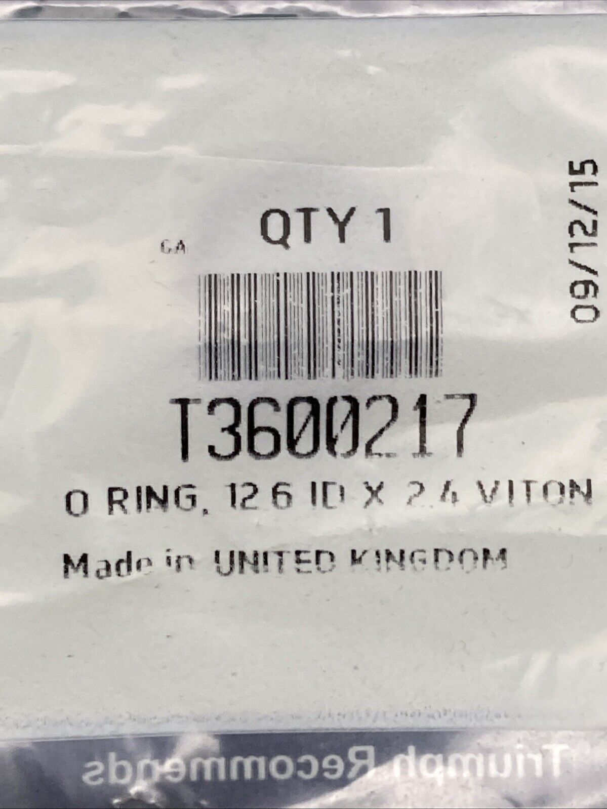 NEW GENUINE TRIUMPH T3600217 O Ring, 12.6 Id X 2.4