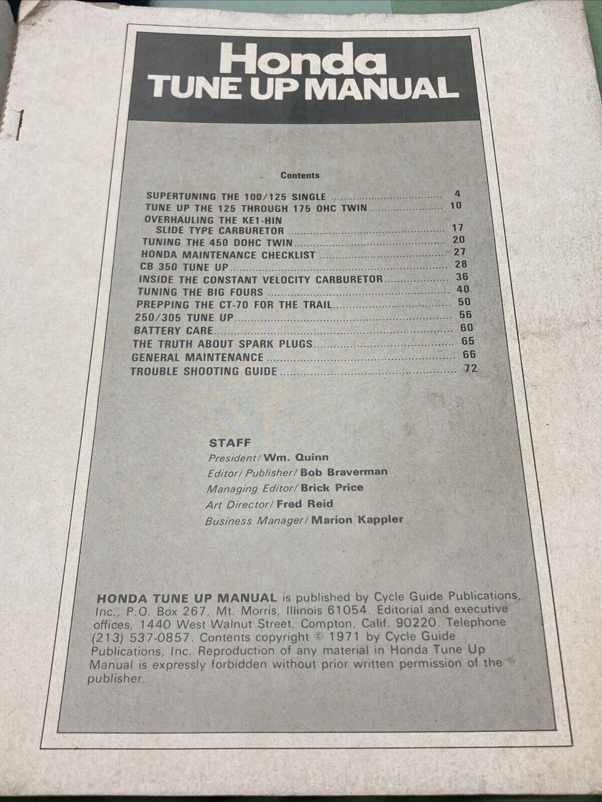 GENUINE HONDA TUNE UP MANUAL 1971 CYCLE GUIDE PUBLICATIONS