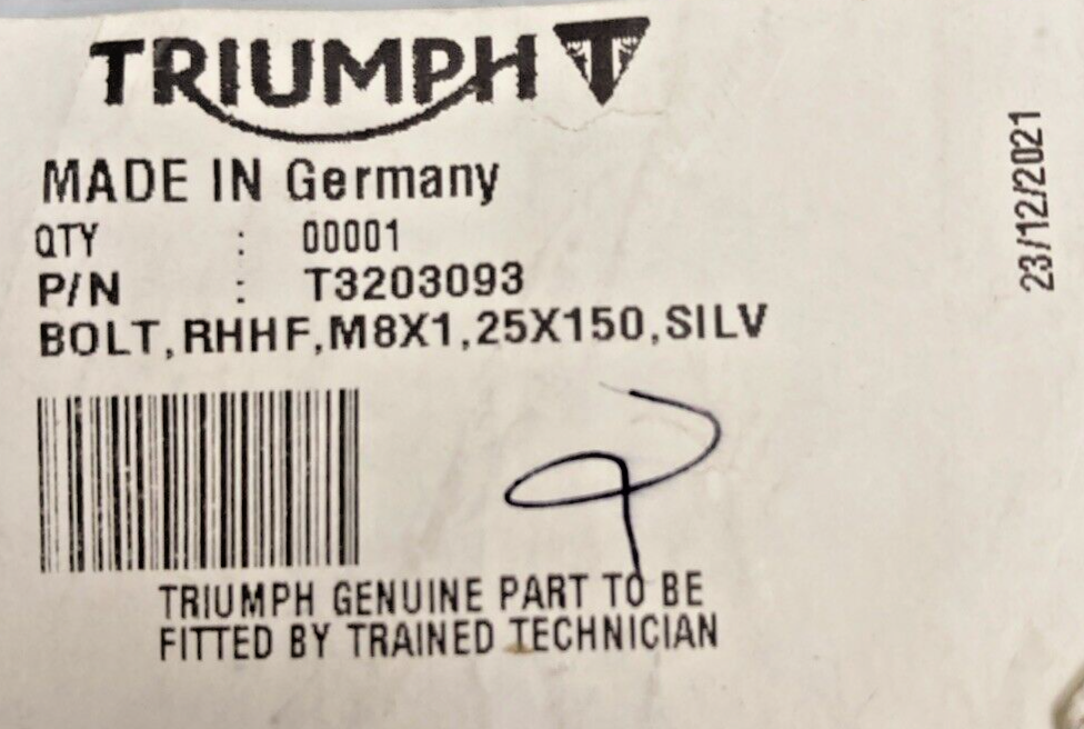 NEW GENUINE TRIUMPH T3203093 Bolt, Rhhf, M8 X 150, Slv