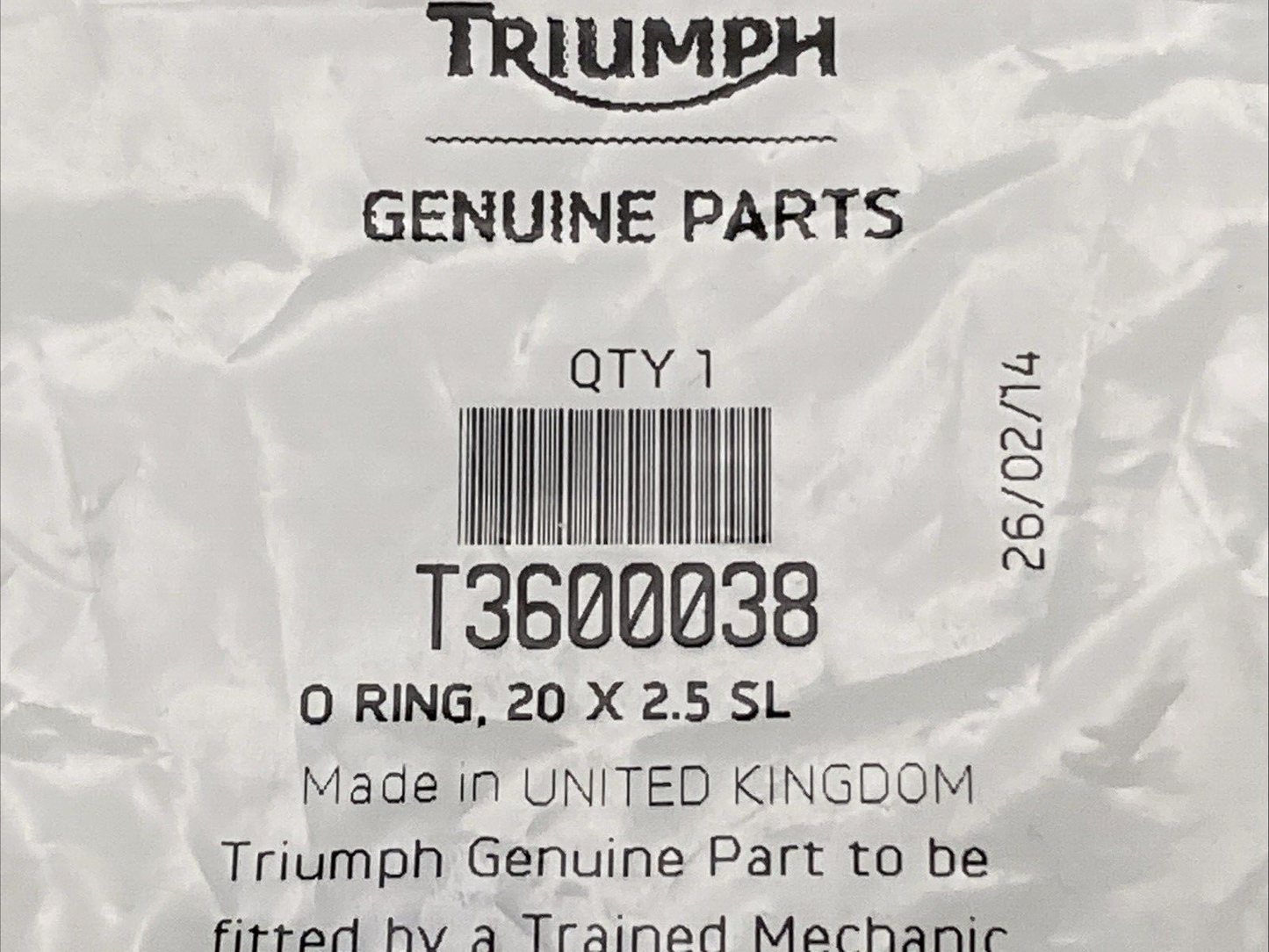 NEW GENUINE TRIUMPH T3600038 O Ring, 20 X 2.5