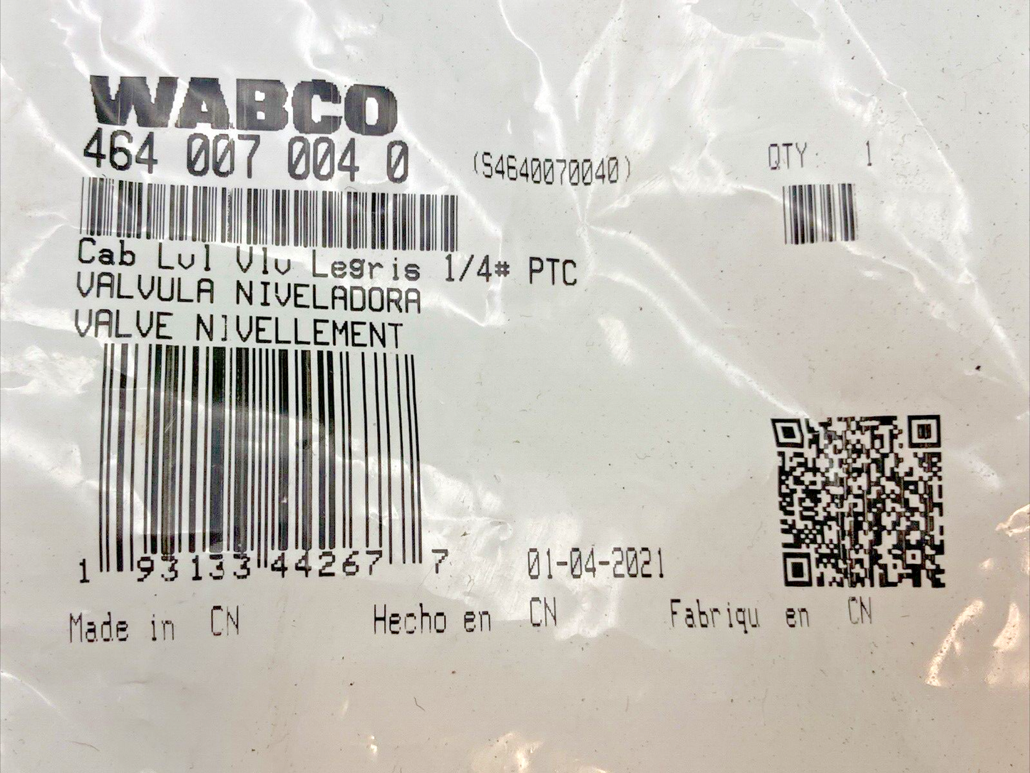 NEW GENUINE WABCO 464 007 004 0 Suspension Self-Leveling Valve 1/4" Push to Conn