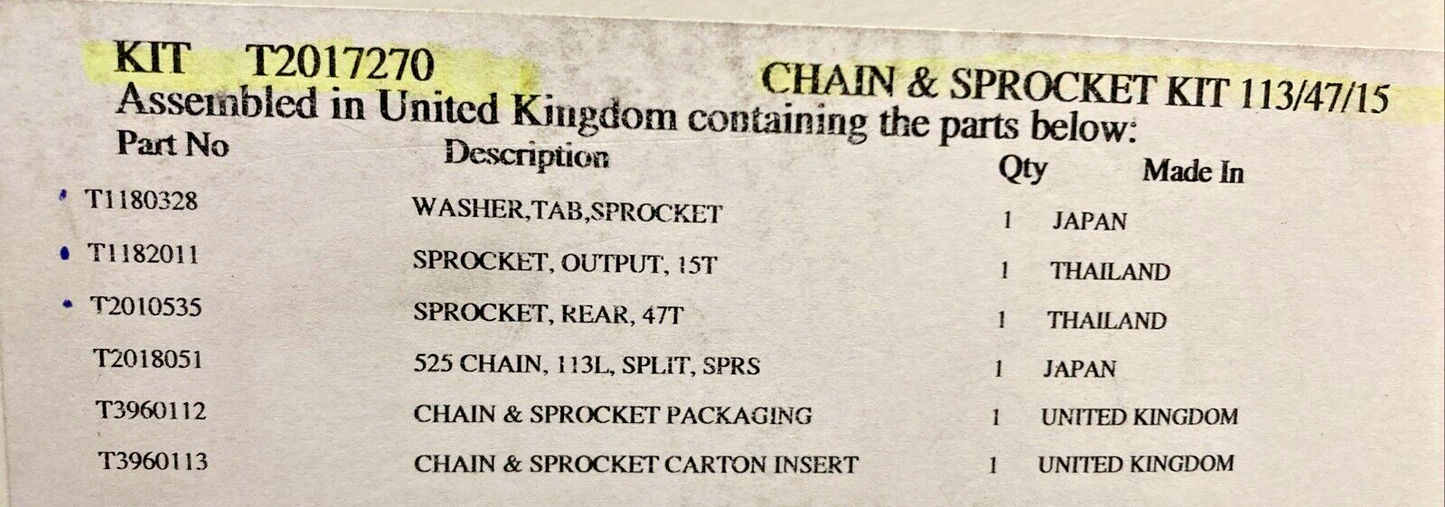 NEW GENUINE TRIUMPH T2017270 Chain & Sprocket Kit, 113/47/15 Daytona 06-20