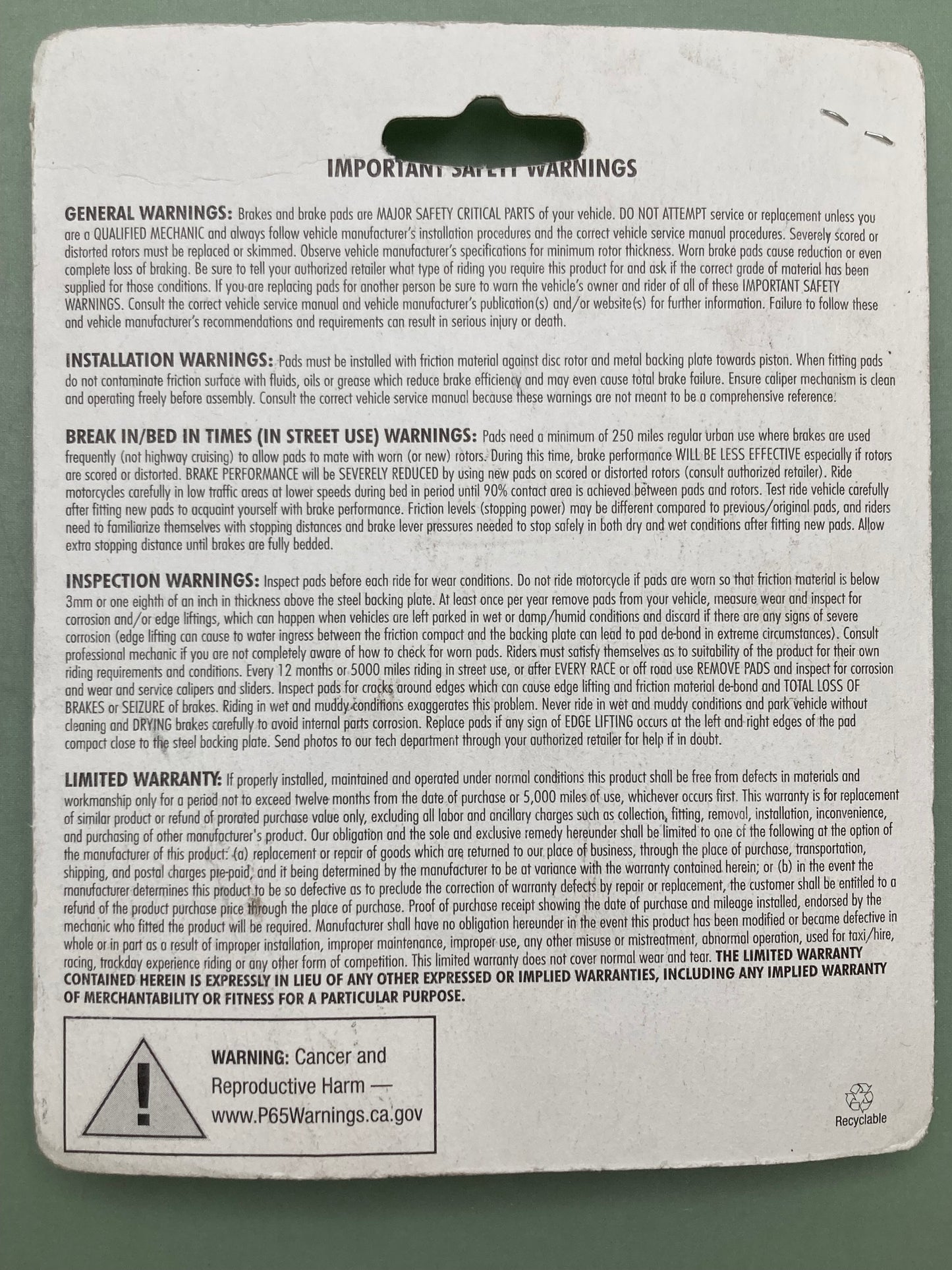 New Genuine Drag Specialties 1720-0204 Organic Brake Pads MC Harley/Buell