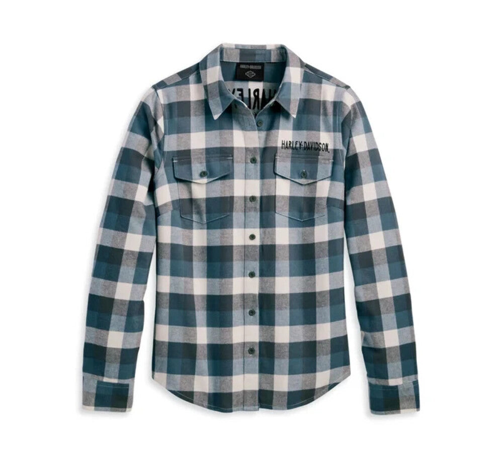 NEW GENUINE HARLEY DAVIDSON 96483-23VW WOMEN'S L SHIRT BLUE PLAID Retro Winged