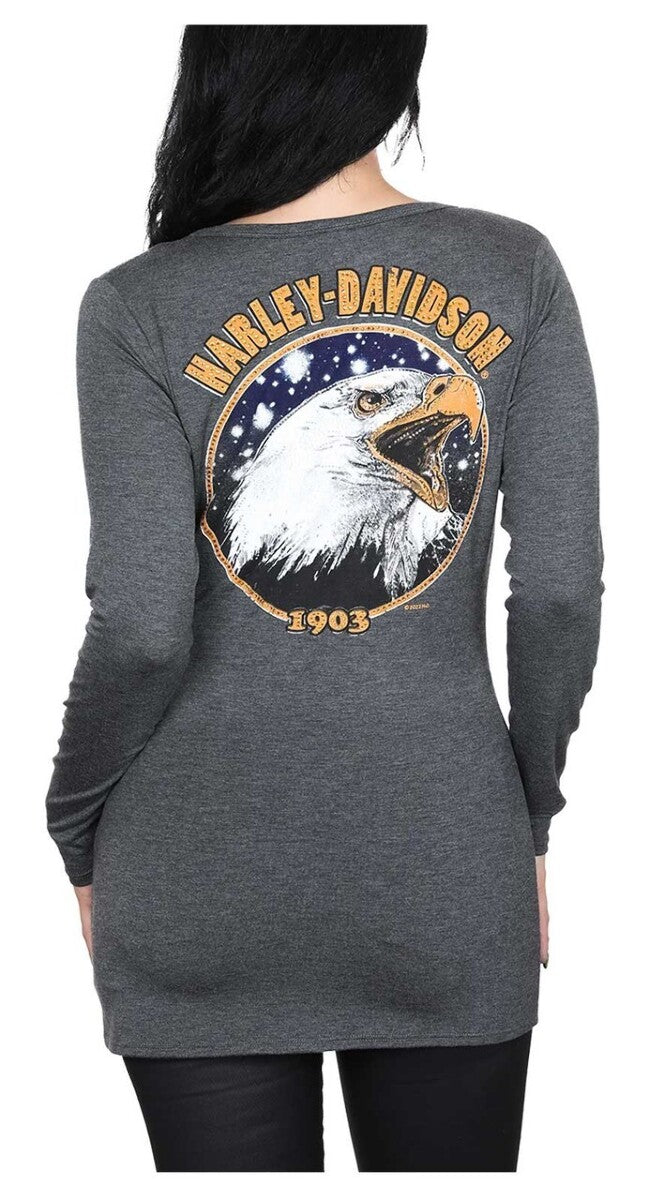 NEW HARLEY DAVIDSON HT4739GRY Women's Harley Proud Long Sleeve V-Neck Shirt L