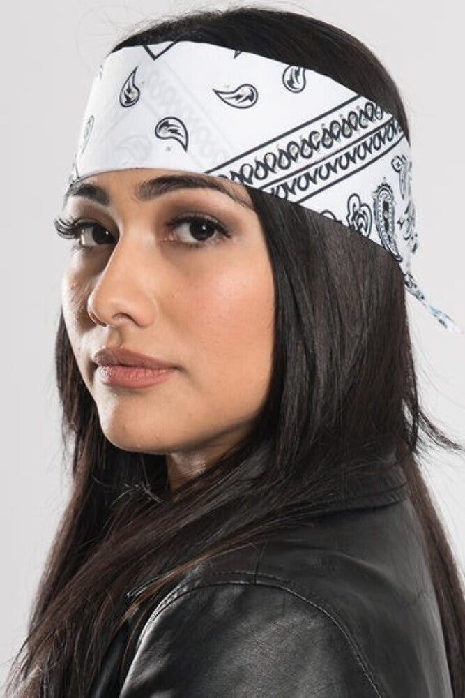 NEW HAIR GLOVE BANDANA HG-56518 WOMEN'S WHITE PAISLEY W/GEMS PRE-SEWN