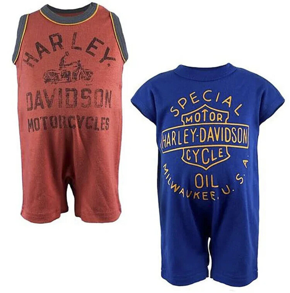 NEW HARLEY DAVIDSON 3052235 Baby Boys 2-Pack Sleeveless Romper Set Org/Blu 0-3MO
