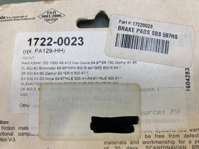 SBS 597HS Brake Pads 1722-0023 New Genuine