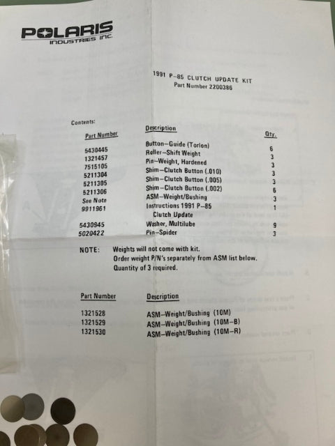 Polaris 2200387 Drive Clutch Shim Kit New Genuine
