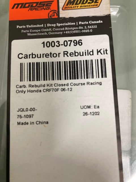Moose 1003-0796 Carburetor Rebuild Kit New Genuine