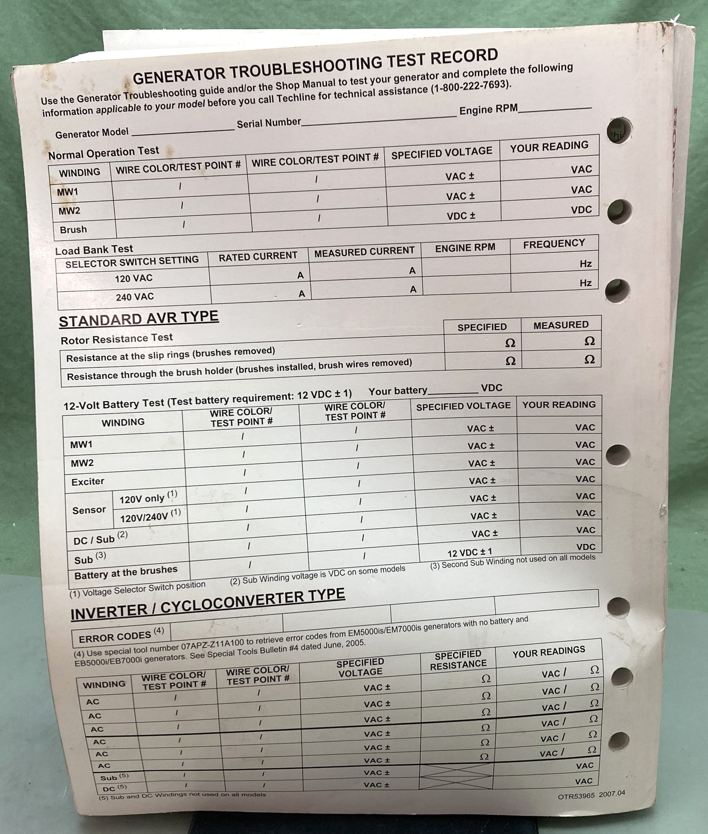 Genuine Honda PSV52522-I Generator Troubleshooting Manual '98-'07