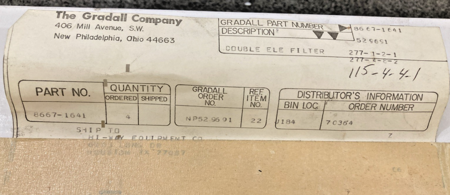 NEW GENUINE GRADALL 8667-1641 DOUBLE ELE FILTER