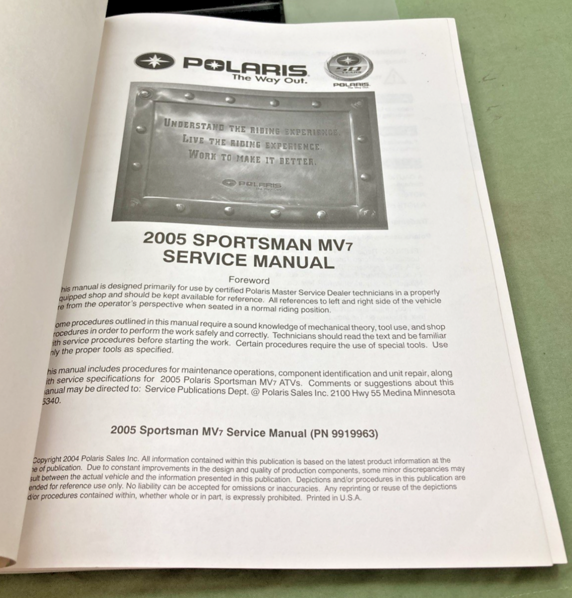 GENUINE POLARIS 9919963 SPORTSMAN MV7 SERVICE MANUAL 2005