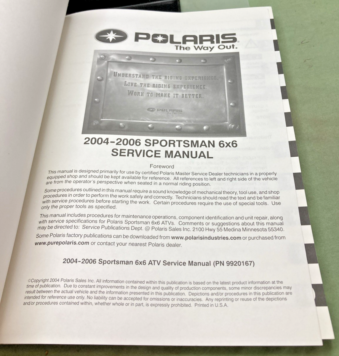 GENUINE POLARIS 9920167 SPORTSMAN 6X6 SERVICE MANUAL 2004-2006