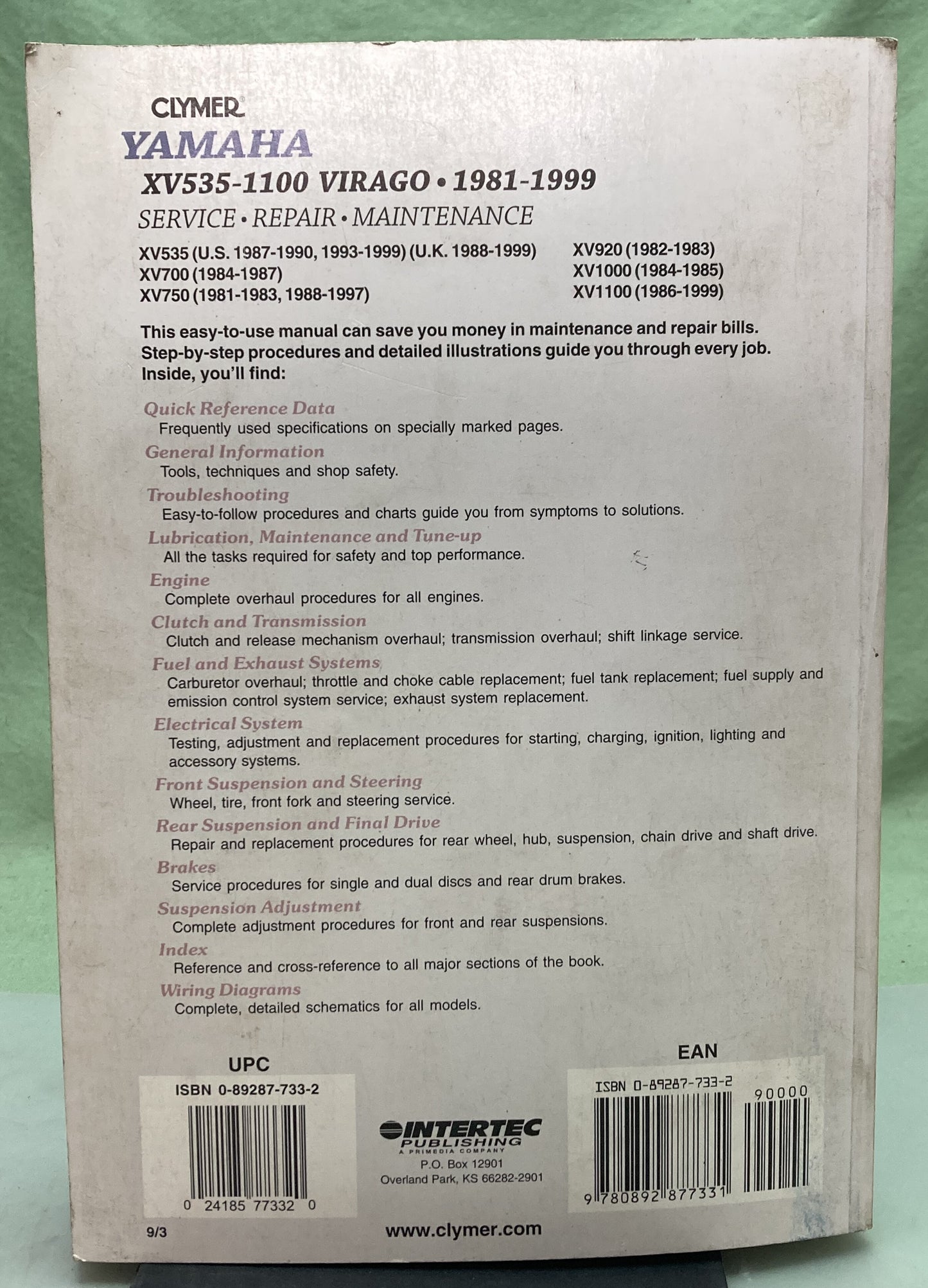 Genuine Clymer M395-9 Yamaha XV535-1100 Virago Service Manual 1981-1999