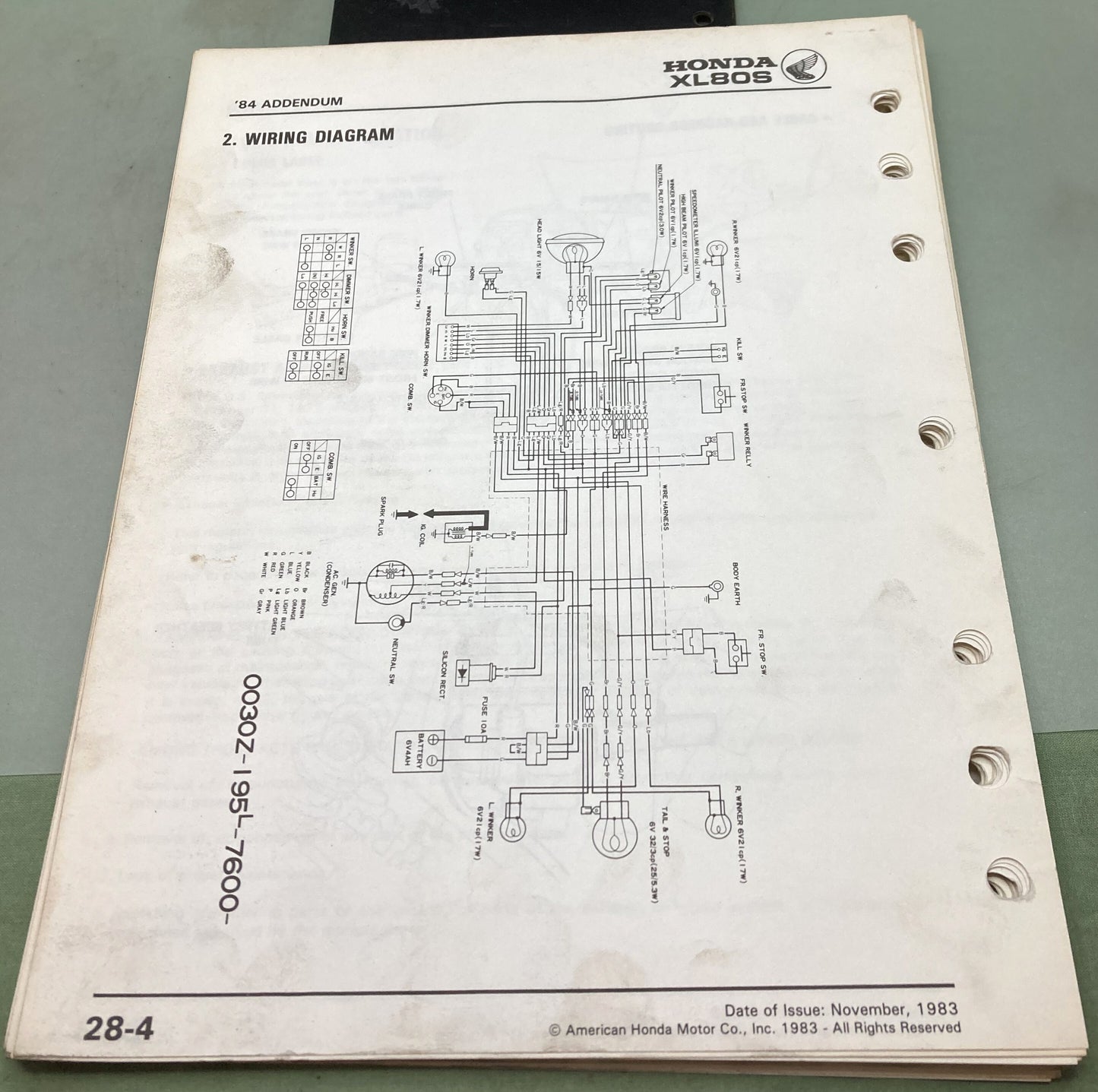 Genuine Honda 6115207 XL75/XL80S Shop Manual 1983