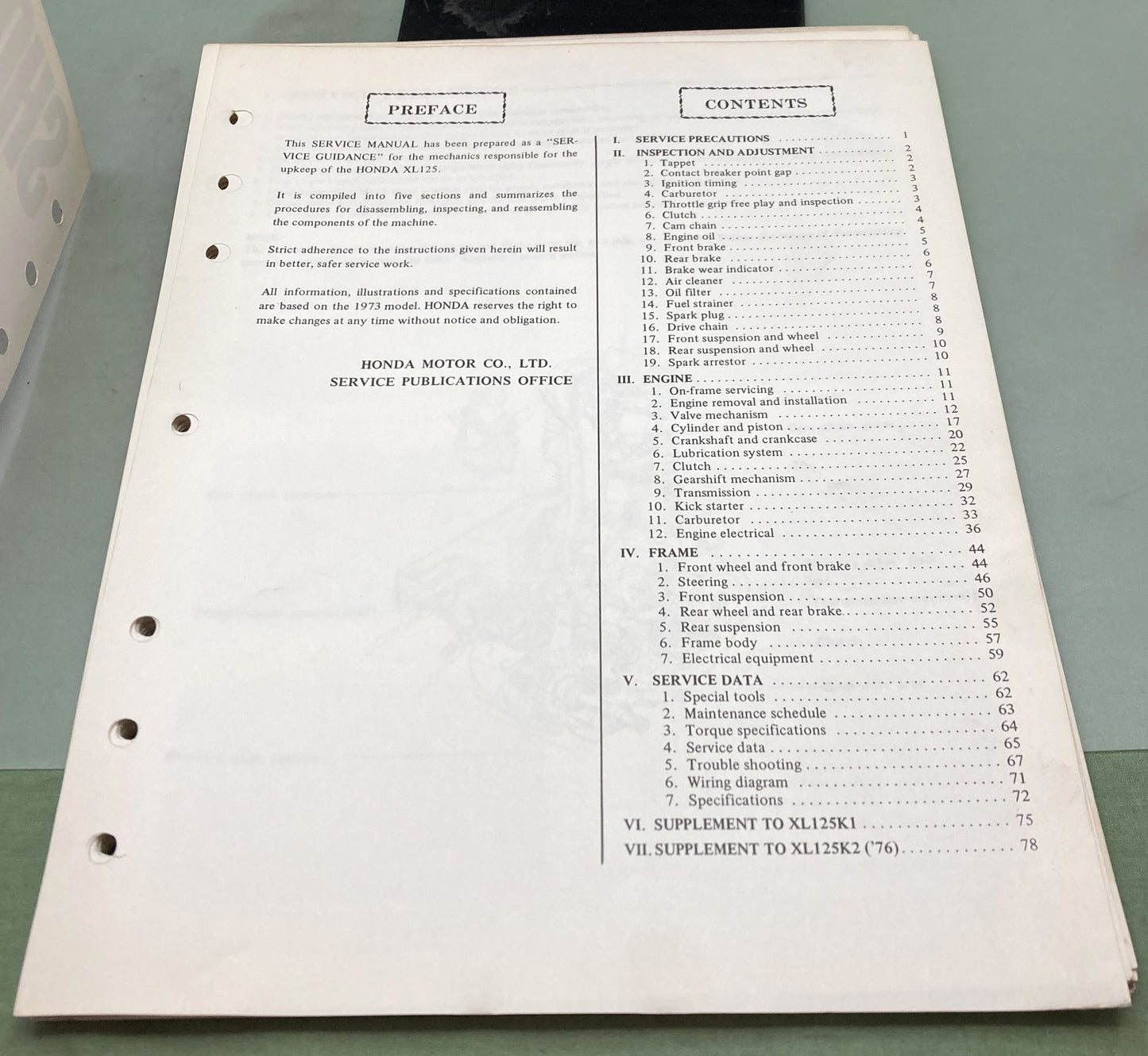 Genuine Honda 6136503 XL125 Shop Manual 1975