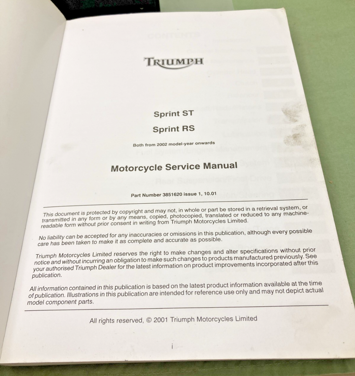 GENUINE TRIUMPH 3851620 SPRINT ST AND RS SERVICE MANUAL 2001