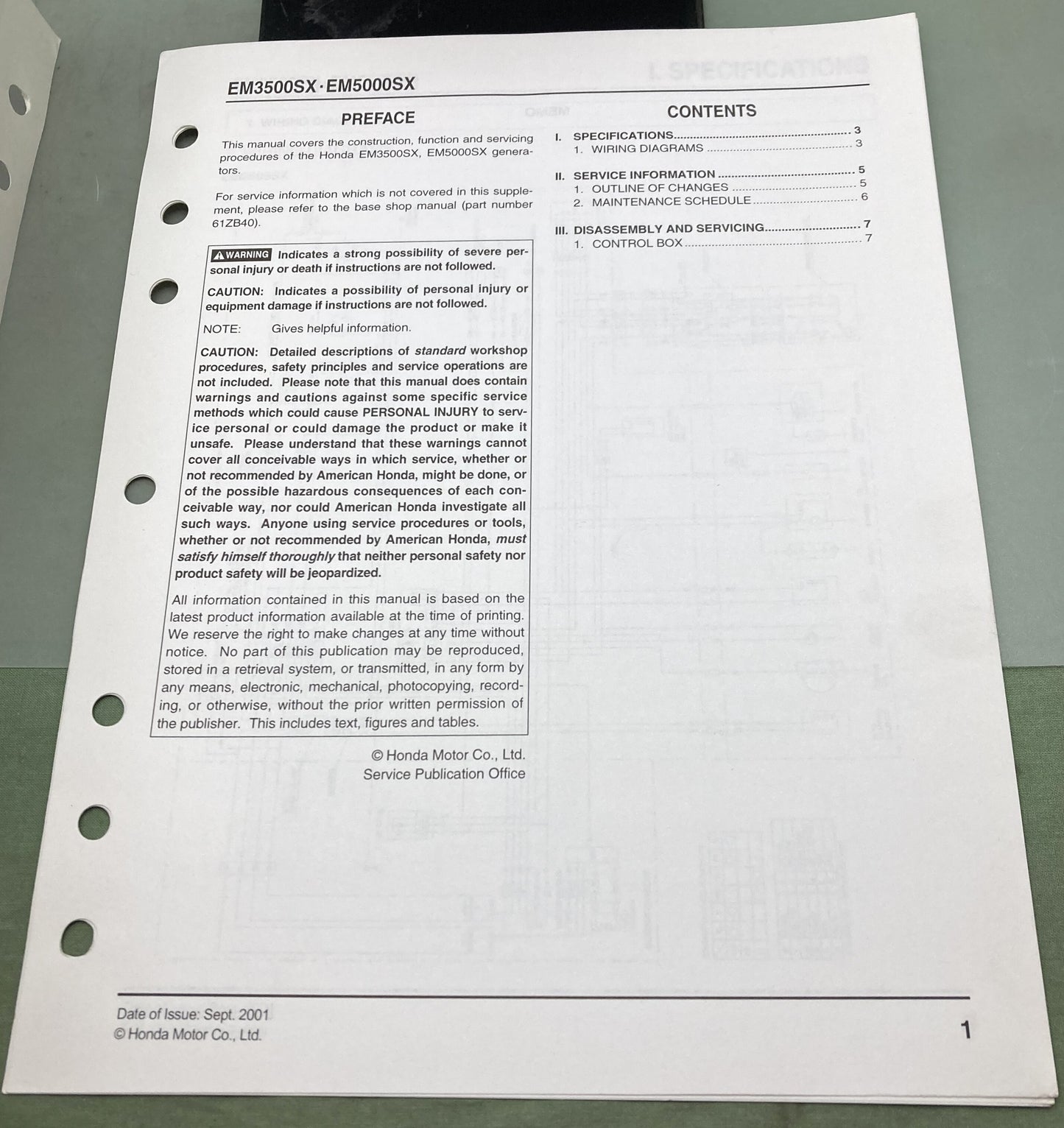 Genuine Honda 61ZB400W EM3500SX EM5000SX Generator Supp. Shop Manual 2002