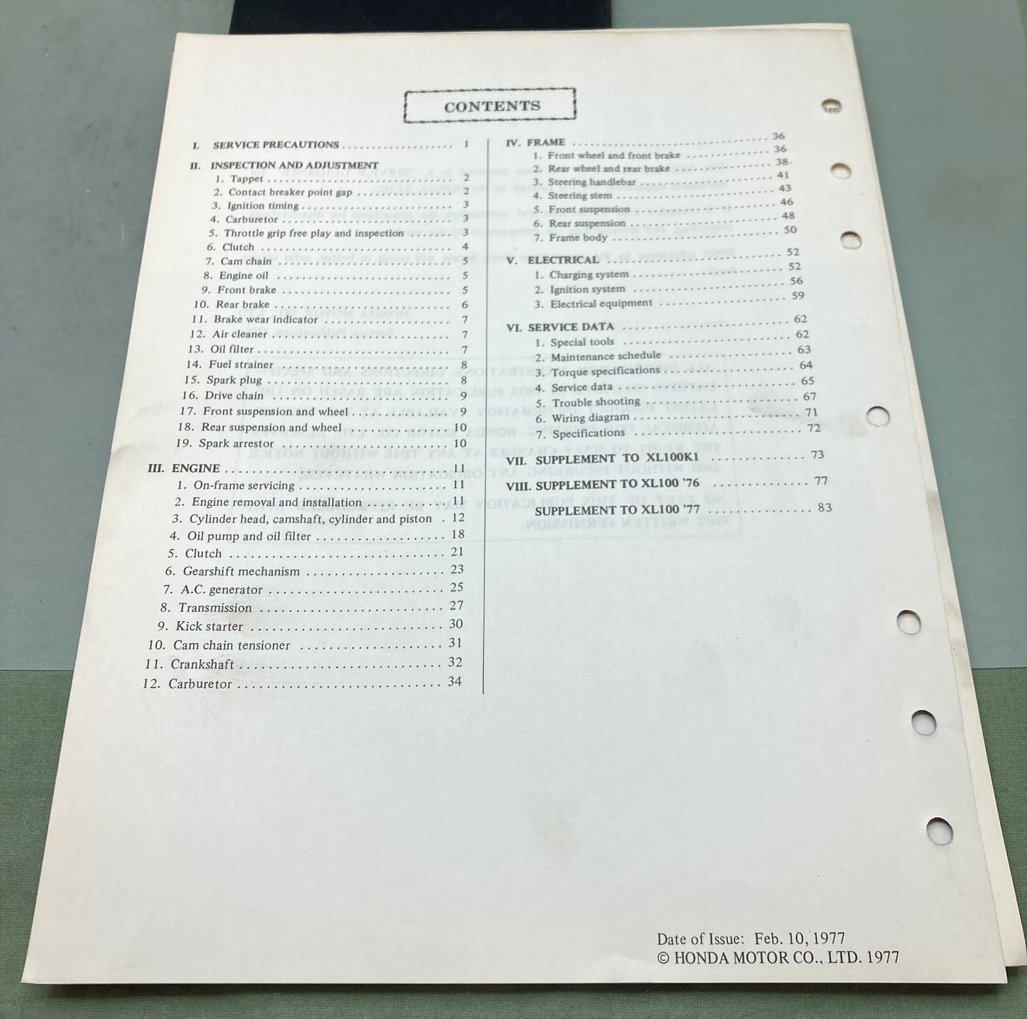 Genuine Honda 6136404 XL100 Shop Manual 1977