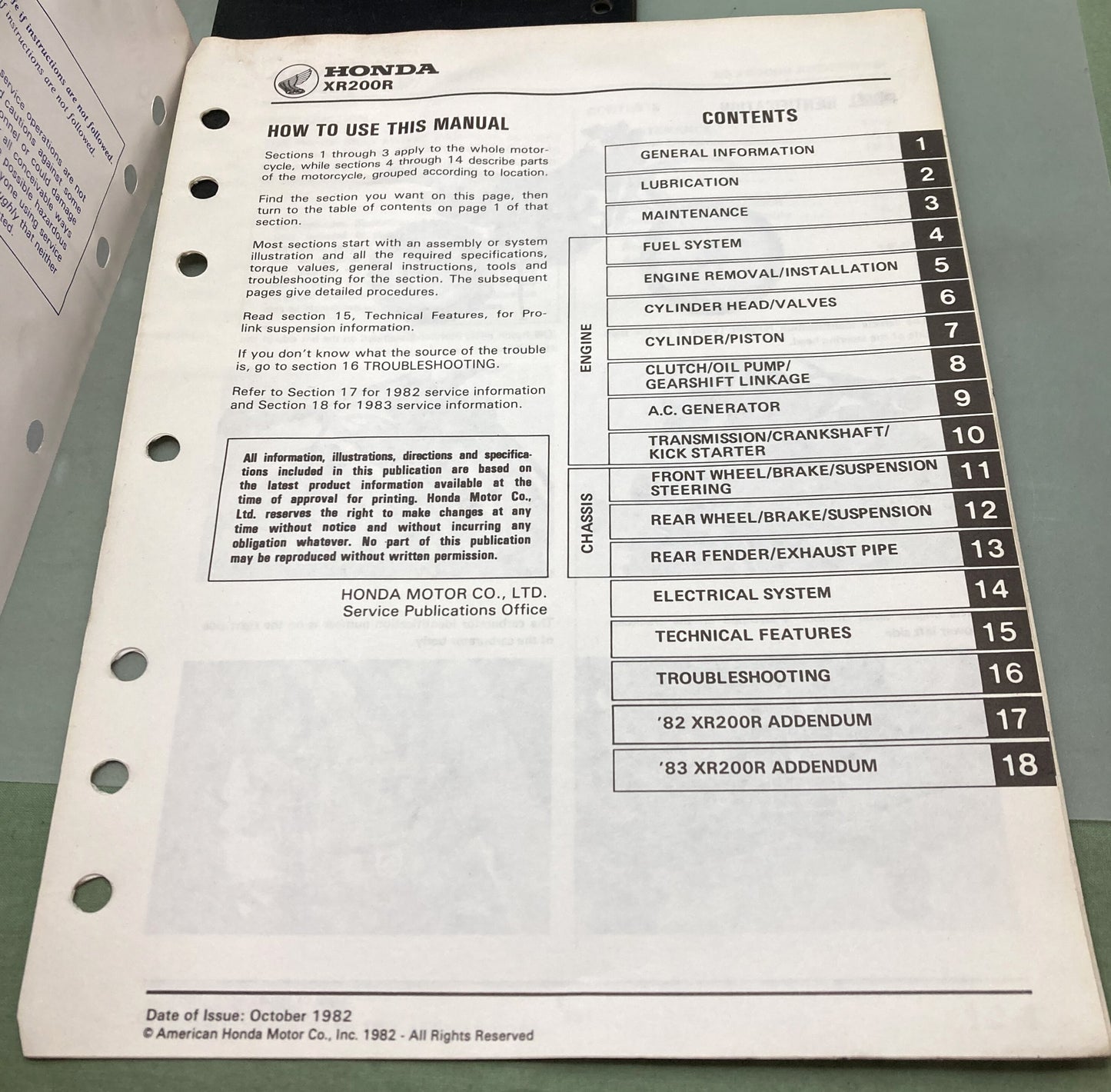 Genuine Honda 61KA202 XR200R Shop Manual 1981-1983
