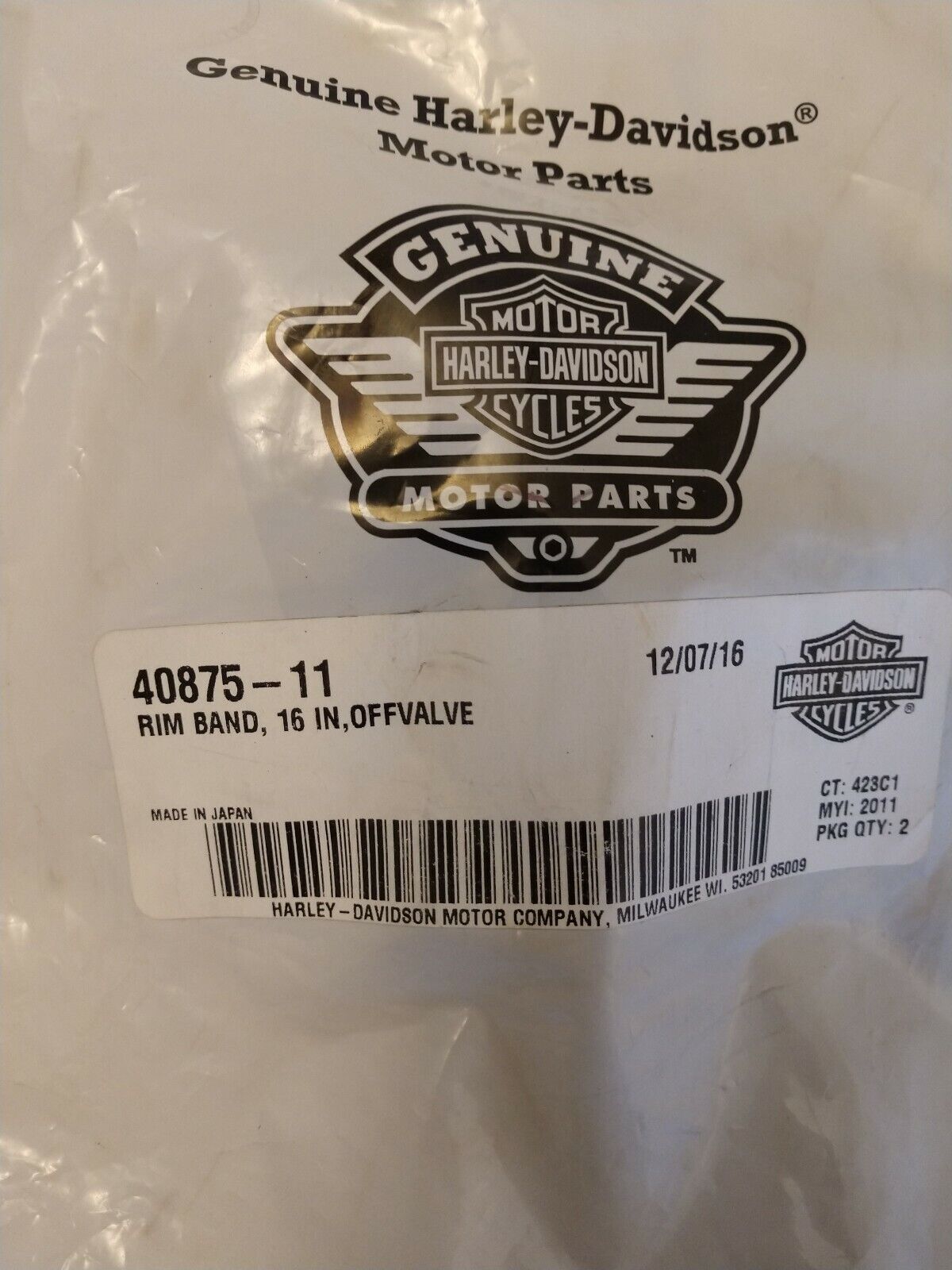 Lot of 2 NEW Genuine HARLEY DAVIDSON Rim Band, 16 Inch, Off Valve 40875-11