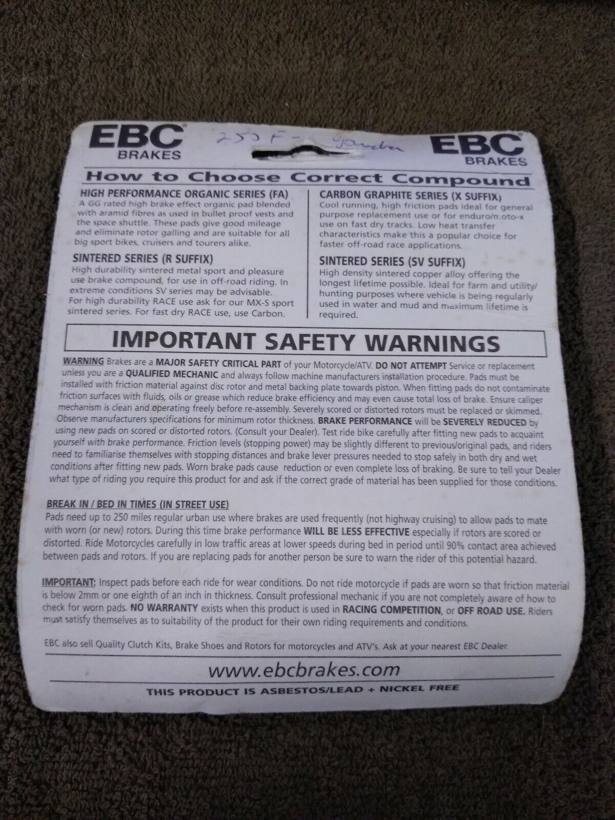 NEW EBC FA367R High Performance Organic Brake Pads Motorcycle ATV