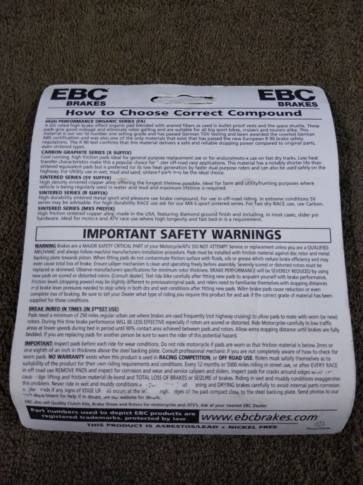 NEW EBC Brakes for Motorcycle / ATV / High Performance / Organic / FA88