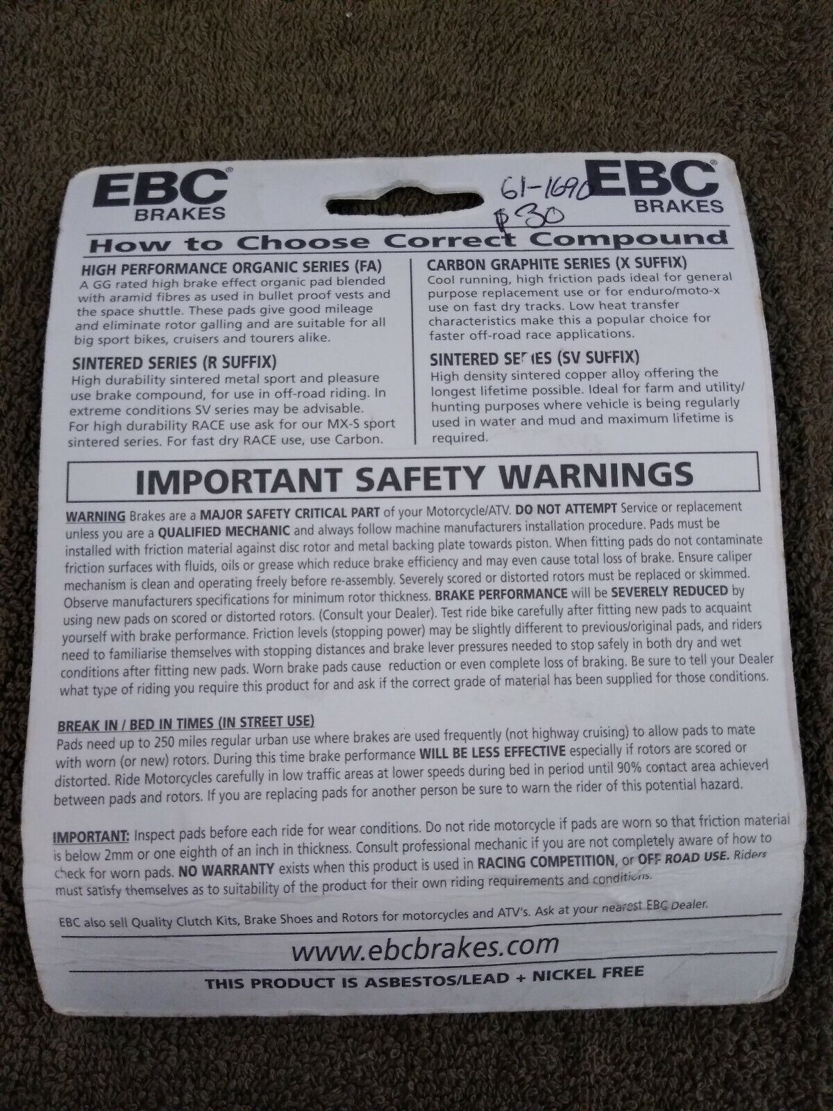 NEW EBC Brakes for Motorcycle / ATV / High Performance / Organic / FA69