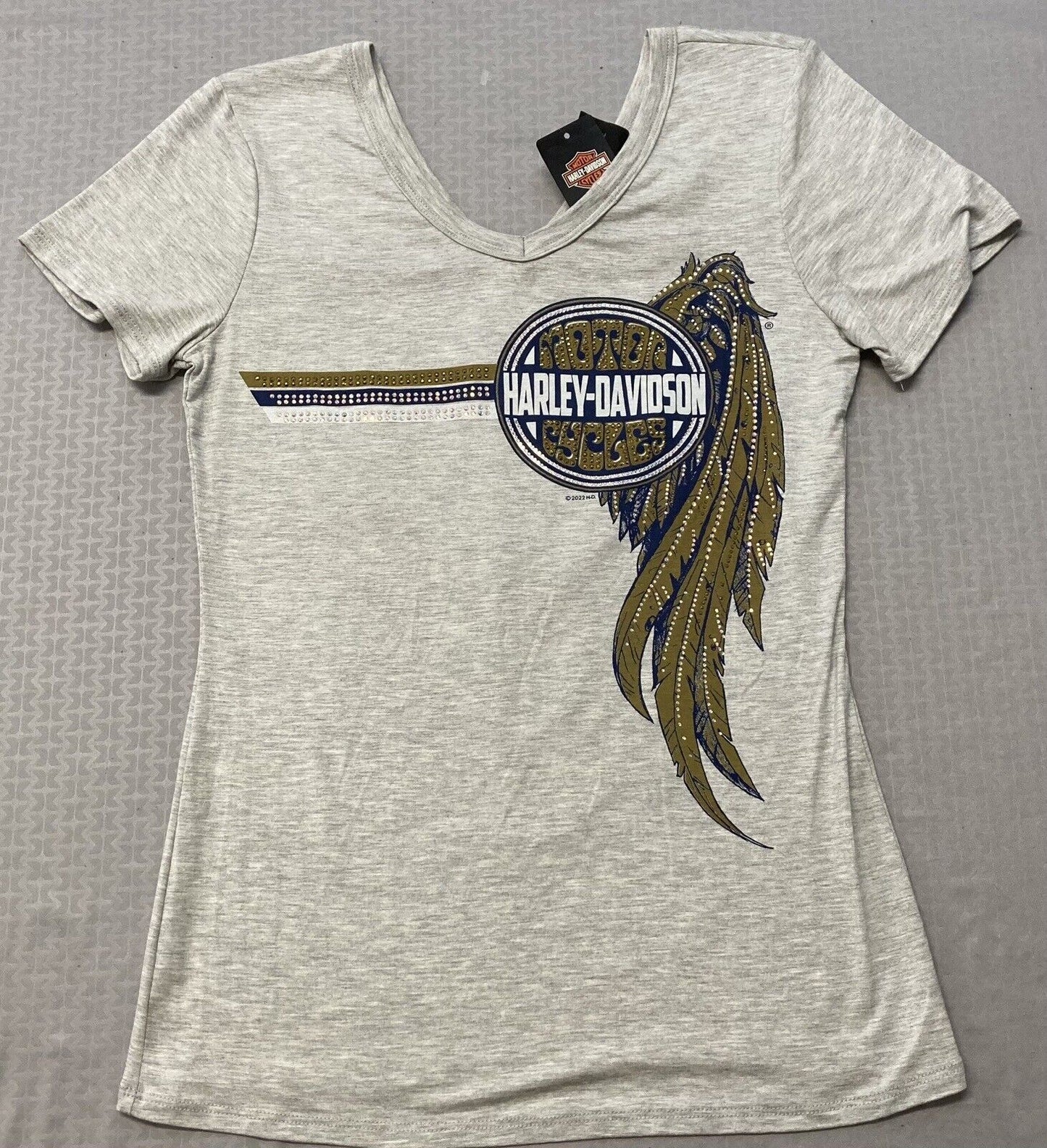 NEW GENUINE HARLEY DAVIDSON HT4685GRY Women's Golden Wing V-Neck Tee SMALL