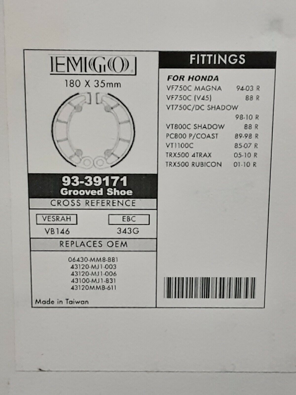 NEW EMGO BRAKE SHOES 93-39171 HONDA MAGNA VF750 SHADOW VT750 RUBICON TRX500
