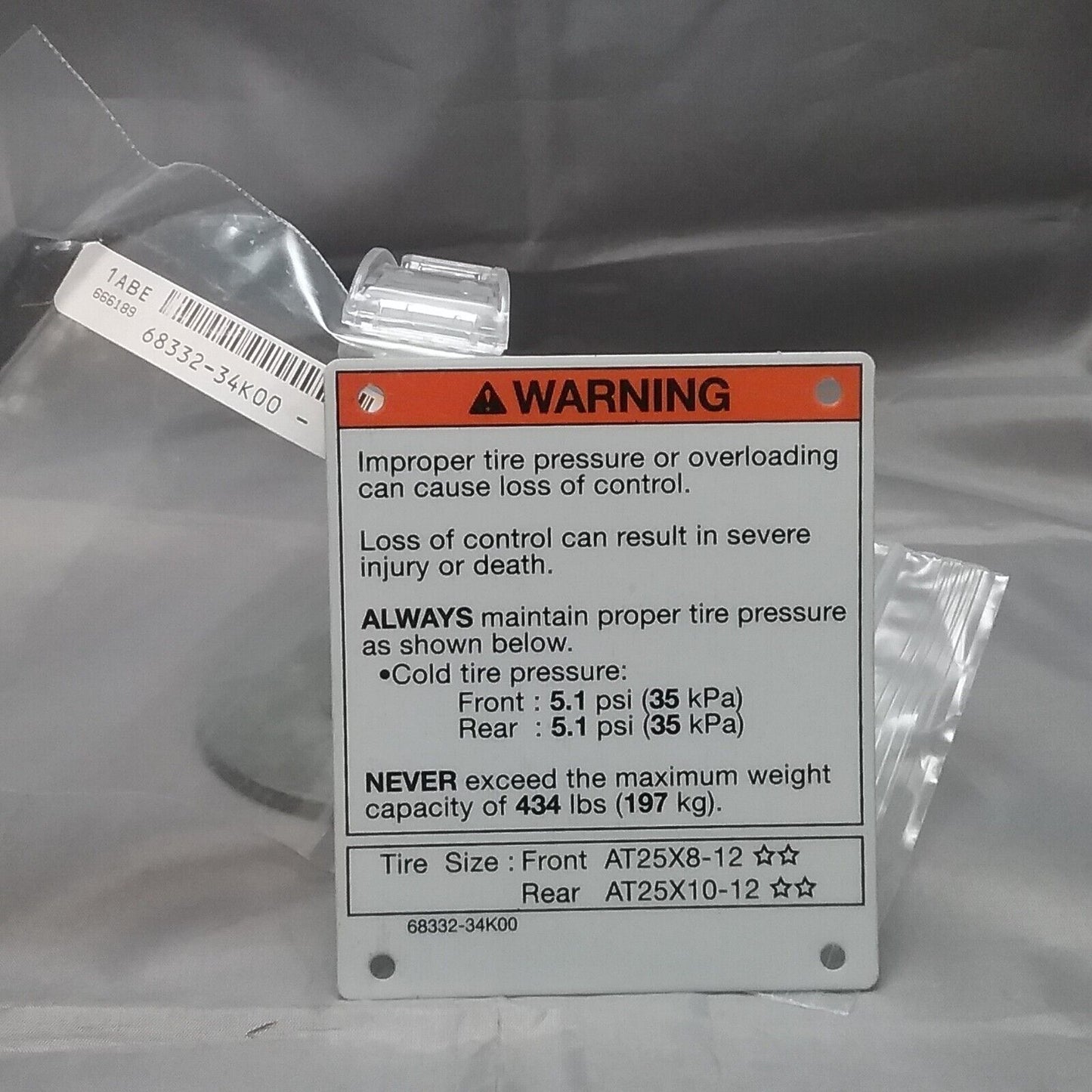 NEW GENUINE SUZUKI 68332-34K00 LABEL, TIRE KINGQUAD 2019-2021