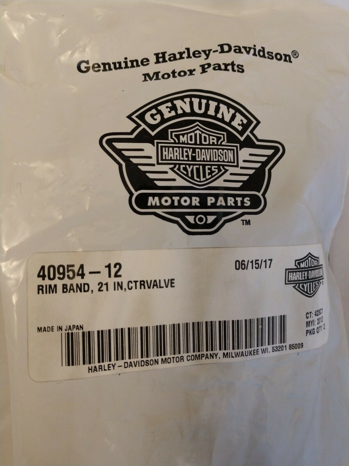 Lot of 2 NEW Genuine HARLEY DAVIDSON Rim Band, 21" CTRVALVE / 40954-12