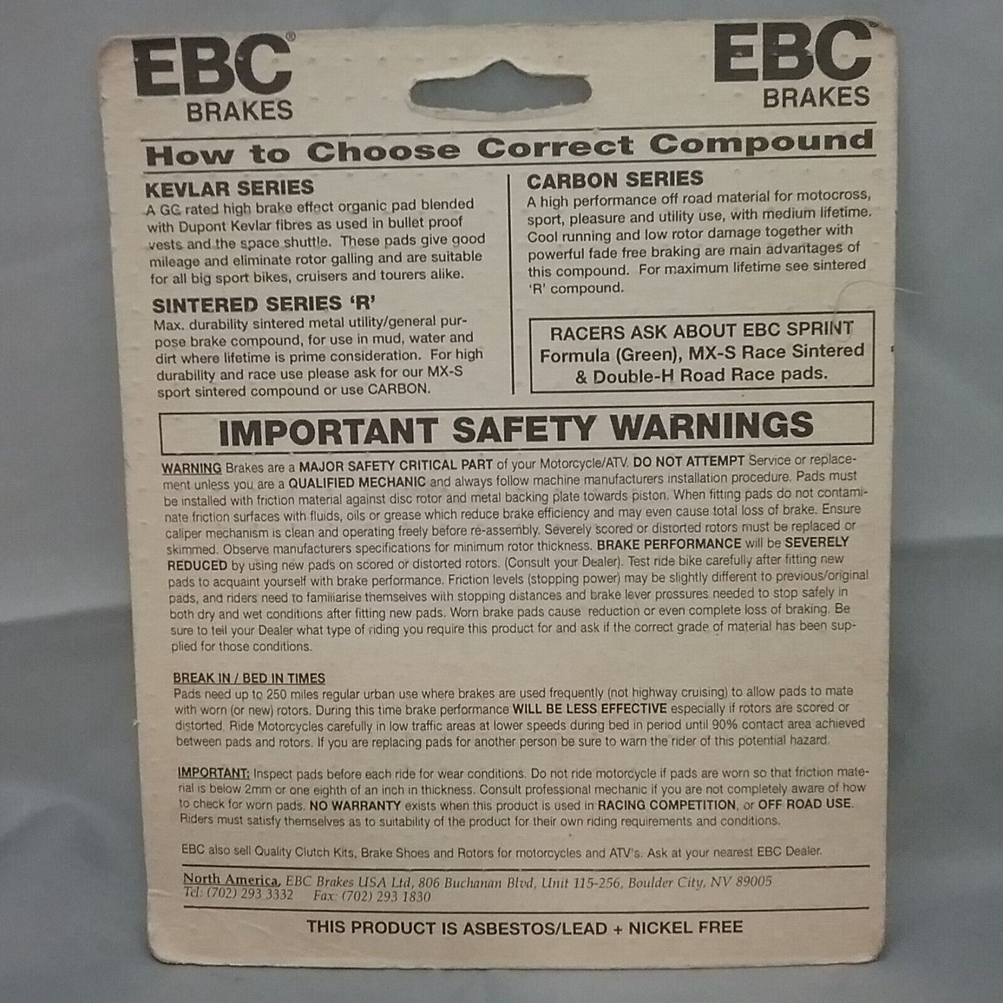 NEW EBC FA92 SINTERED FRONT BRAKE PADS HONDA CRF250R