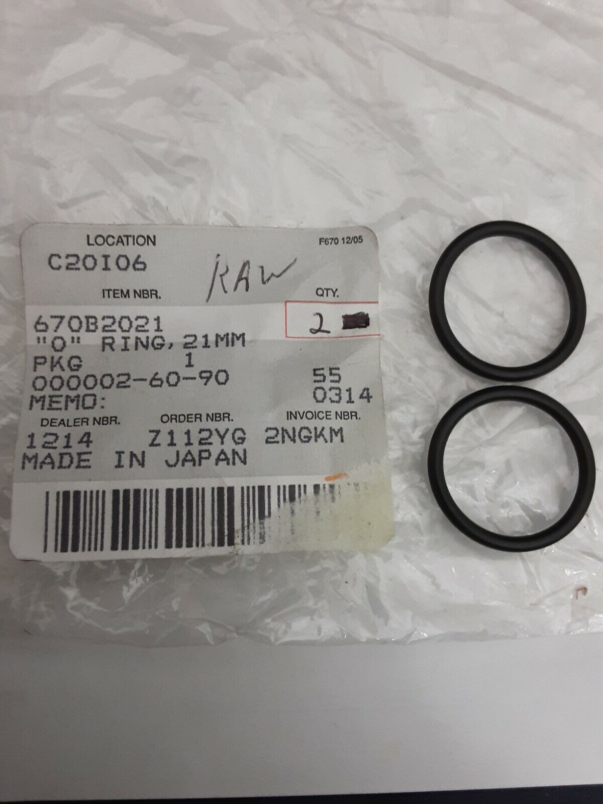 NEW GENUINE KAWASAKI 670B2021 (QTY 2) O RING, 21MM GPz ZX550 KL250 KLT110 KLT200