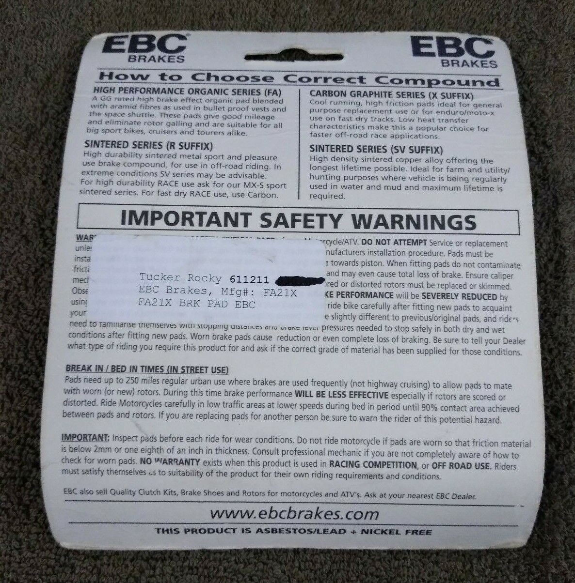 NEW EBC Brakes for Motorcycle / ATV / High Performance / Organic / FA21X