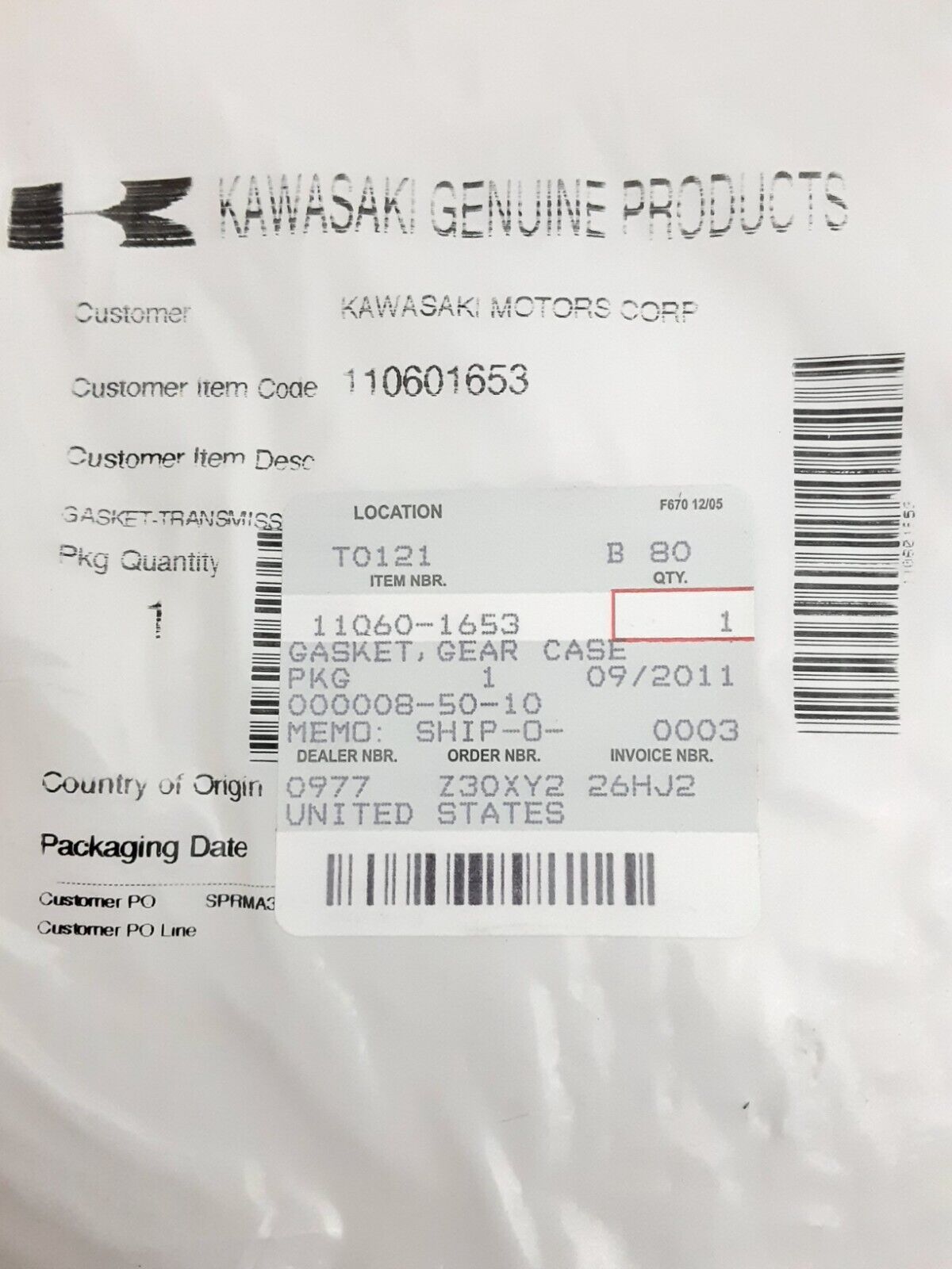 NEW GENUINE KAWASAKI 11060-1653 GASKET,GEAR CASE Bayou KLF300 Lakota KEF30 86-04
