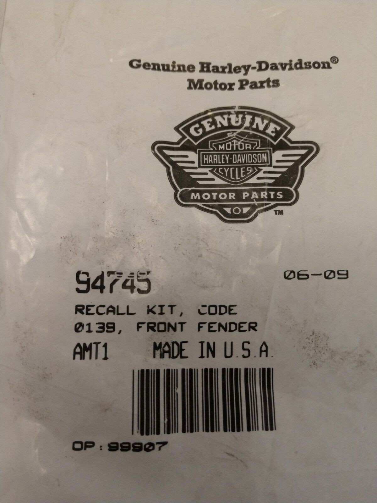 NEW GENUINE Harley Davidson Recall Kit, Code 0139, Front Fender / 94745