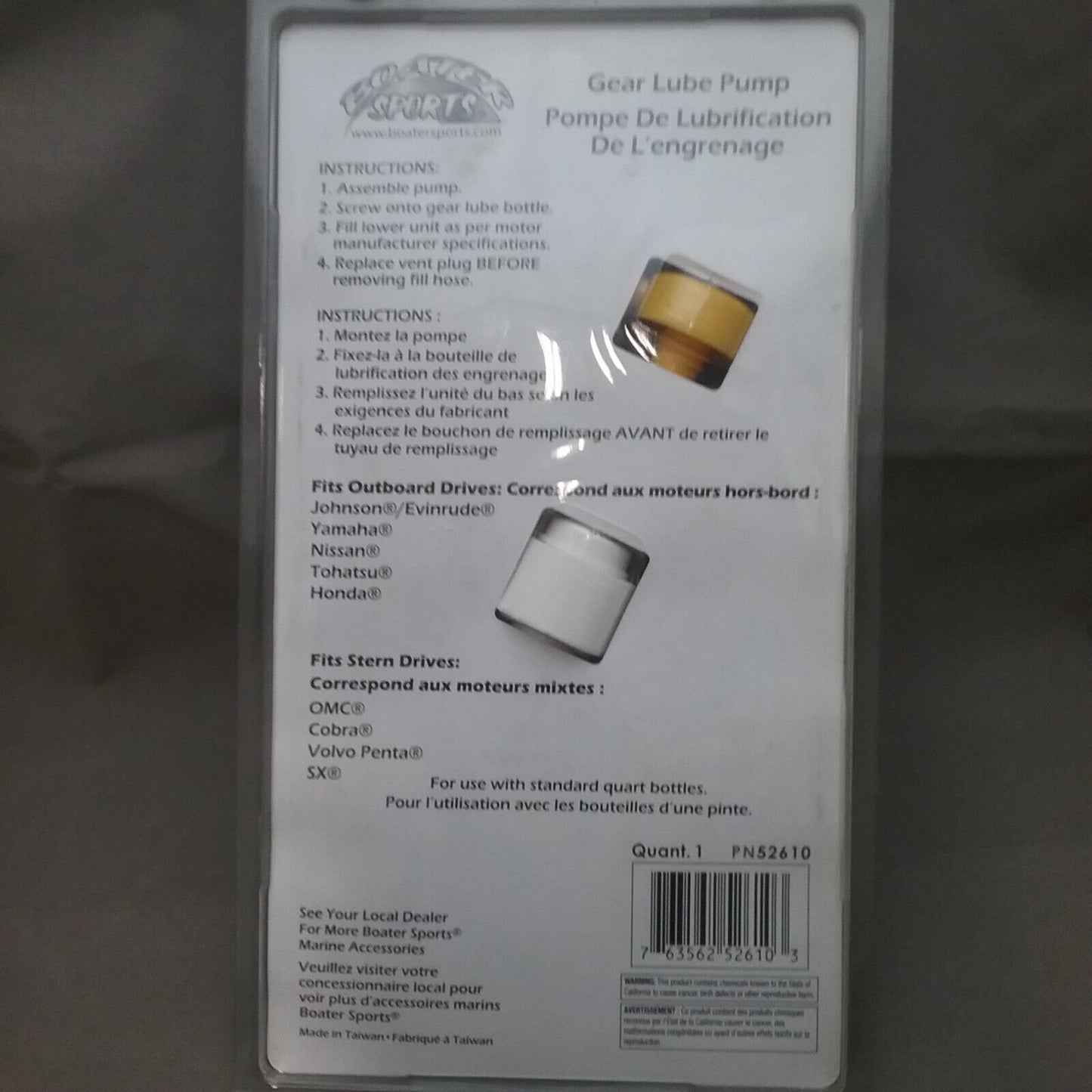 NEW BOATER SPORTS 52610 GEAR LUBE PUMP STANDARD QUART BOTTLES W/ YAMAHA ADAPTER