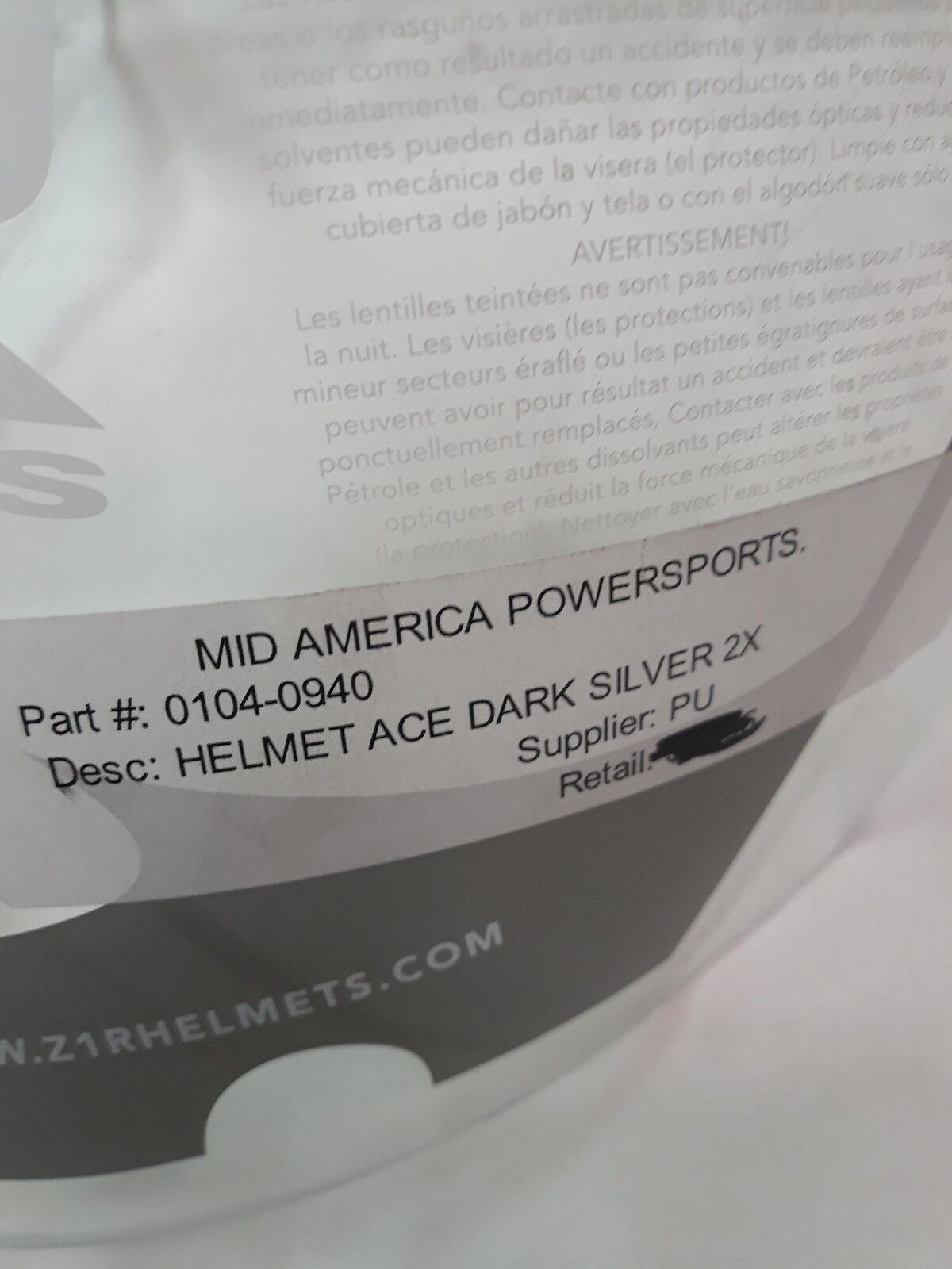 NEW Z1R Motorcycle Helmet Face Shield Ace Dark Silver XXLarge Part# 0104-0940